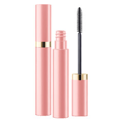 Mascara tube and a wand applicator. Cosmetic black bottle with eyelash brush. Isolated on white background. Realistic vector for web design, banners, posters, ad, advertising.