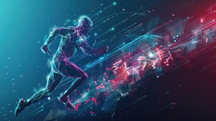 Running man with destruction effect low poly art. AI generated
