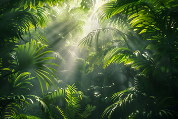 Naklejka premium Lush green jungle scene, lit up by sunlight during the day