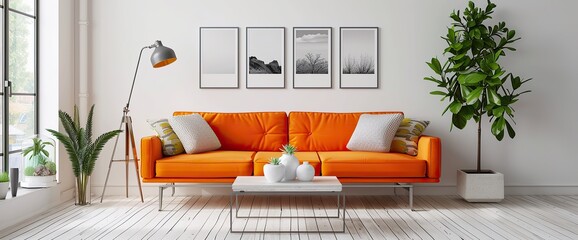 Idea of a white scandinavian living room interior with orange sofa, lamp on the wooden floor and decor on the large wall and white landscape in window. Home nordic interior. 3D illustration