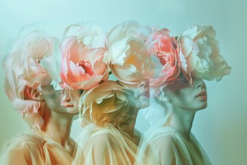 Three women with colorful flowers in their hair posing in front of a clear blue sky and white background fashion portrait concept image