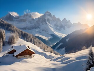 Sunny outdoor scene in the German Alps with a sunny blue sky, green hills, and mountains view, showcasing an amazing nature landscape.