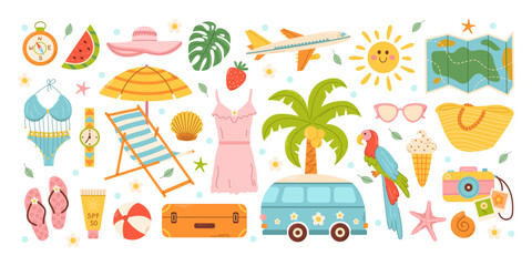 Set cute summer beach elements. Vacation accessories for sea holidays. Cartoon vector illustration