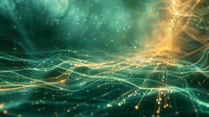 A digital landscape depicting a computer system with high network activity, where data streams weave through a nebulous network, pulsating with intensity and speed, symbolizing the dynamic energy and  - obrazy, fototapety, plakaty