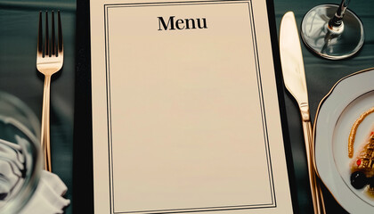 Menu card mockup with festive wedding or birthday table setting. Minimal blank card mockup