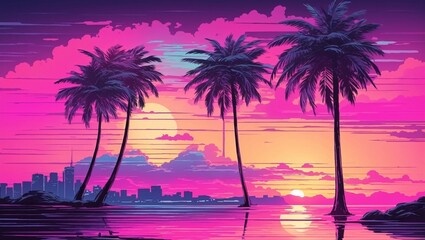 Fototapeta na wymiar A pink and blue retro landscape of palm trees and a city skyline at sunset with a pink sea.