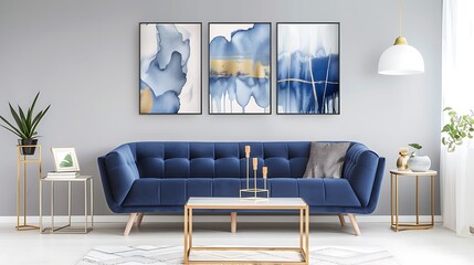 navy blue sofa in the middle of a bright living room interior with gold metal side tables and three paintings on a gray wall