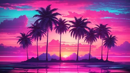 Foto op Plexiglas anti-reflex A pink and blue retro landscape of palm trees and a city skyline at sunset with a pink sea.   © Taha