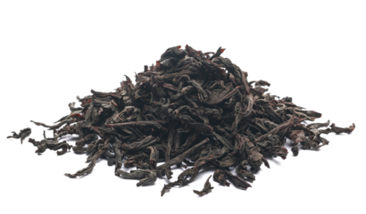 Dry leaves Oolong tea, Camellia sinensis, dark green teas isolated on white, side view