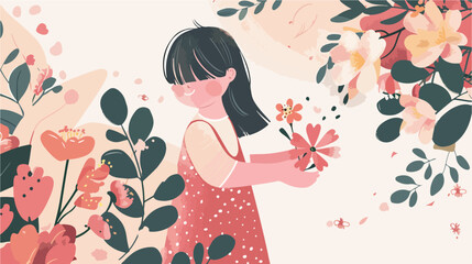 Obraz na płótnie Canvas Girl kid in flower greeting card design for Mothers