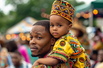 portrait of a young child sitting on his father's shoulders at a Juneteenth festival, both wearing traditional African garments, vibrant colors and joyful expressions