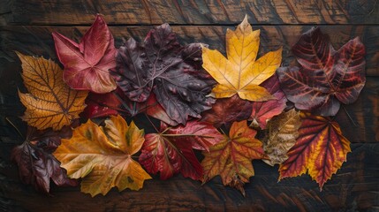 Autumn Leaves Spectrum on Rustic Wooden Backdrop