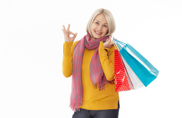 Shopper. Shopaholic shopping woman holding many shopping bags excited isolated on white. - 789215308