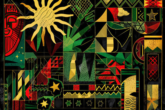 Abstract geometric illustration commemorating Juneteenth with symbolic colors and African-inspired patterns depicting elements like breaking chains and a rising sun, set in a mosaic style