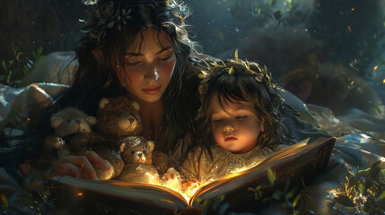 - a mother reads a bedtime story to her daughter, under the blanket, generative ai
