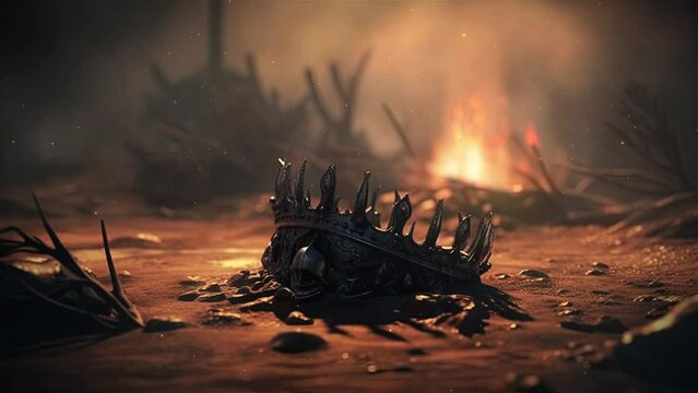 Crown burning on the ground. War and defeat. Epic fantasy and dramatic loop video animation.