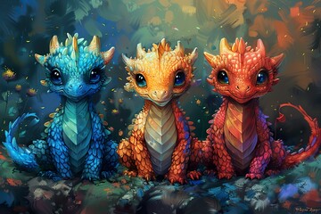 Cute funky dragons in bright colors Digital Art