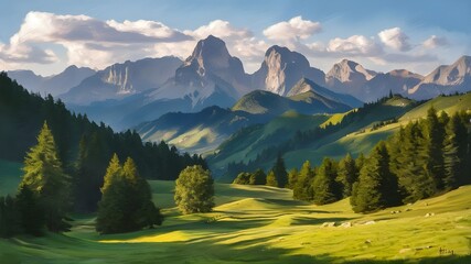 Sunny outdoor scene in the German Alps with a sunny blue sky, green hills, and mountains view, showcasing an amazing nature landscape. - obrazy, fototapety, plakaty