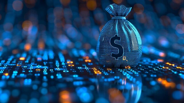 digital blue money bag with a dollar "$" icon with binary code, ai financial transactions, fraud detection algorithms, portfolio management, and personalized financial planning services. 