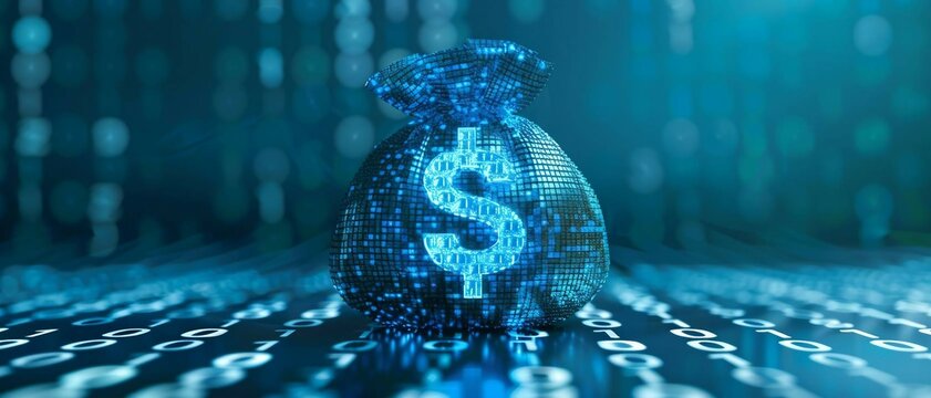 digital blue money bag with a dollar "$" icon with binary code, ai financial transactions, fraud detection algorithms, portfolio management, and personalized financial planning services.