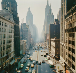 A vintage photograph of the bustling streets and skyscrapers of New York City in early morning,...