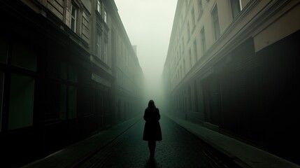 Silhouette of a woman walking in the fog on a lonely city street. Copy Space.