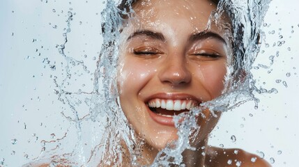 Happy woman smiling underwater with water splashing on her face in clear blue water
