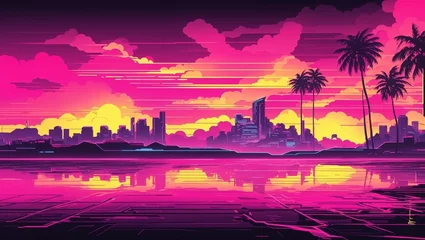Deurstickers A pink and purple landscape with mountains, palm trees, and a body of water.   © Taha