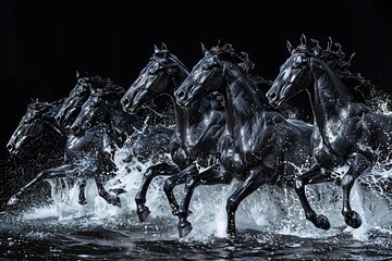 Black Water Horses Galloping. A group of horses made of water galloping in water on a black background. . - obrazy, fototapety, plakaty