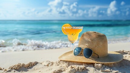 Straw hat and sunglasses on a sparkling beach, Summer Vacation Hat and Sunglasses, business travel concept, Holiday summer beach background