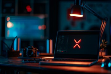 A dimly lit room with a laptop on a desk. The laptop has a red X on the screen. - obrazy, fototapety, plakaty