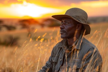 Obraz premium The silhouette of a man wearing a safari hat is captured against a warm African sunset, suggesting adventure and the beauty of nature