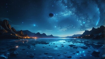 A blue alien landscape with a starry sky and a moon.