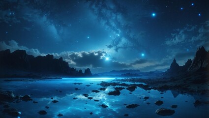 Fototapeta na wymiar A blue alien landscape with a starry sky and a moon.