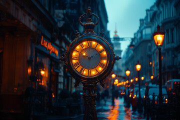 A time traveler racing against the clock to prevent a catastrophic event from altering the course of history.a clock is lit up in the middle of a city street