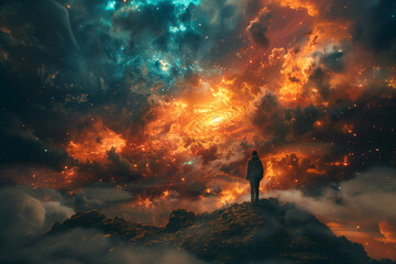 A time traveler witnessing the birth of stars and galaxies in the early universe. Man on mountain admiring colorful cumulus clouds in the dusky afterglow sky - Powered by Adobe