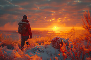 A time traveler witnessing the dawn of life on Earth and the evolution of species.Man on snowy hill at sunset, under orange afterglow sky