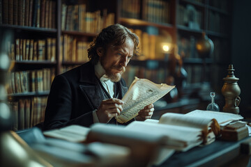 A Victorian-era scientist working on equations for time dilation and temporal manipulation. Man sitting at library desk, reading newspaper near bookcases