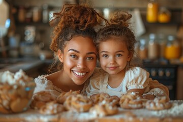 A heartwarming image of a smiling mother and daughter posing with fresh pastries in a home kitchen