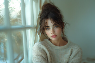 Portrait of a woman sitting by the window. A woman with layered hair and bangs is sitting by the window in a white sweater