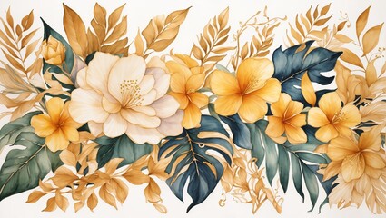 A repeating pattern of yellow and cream colored flowers and blue leaves on a black background.