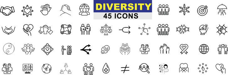 Diversity icon set, 45 inclusive icons, equality, unity, global harmony. Symbols for family, abilities, communication,  music, global concepts