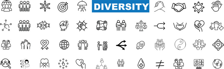 Diversity, inclusion, unity icon set. Black line icons on white background. Equality, global unity, partnership symbols - obrazy, fototapety, plakaty