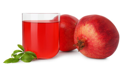 Refreshing pomegranate juice in glass, leaves and fruits isolated on white