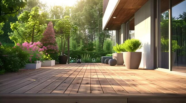 modern house with wooden deck floor on terrace