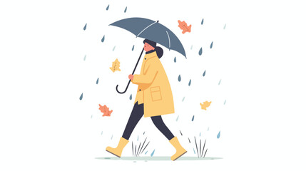 Happy character walking in rain. Smiling excited person