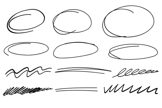 Sketch highlight oval lines frames set. Doodle hand drawn highlight circles. Marker sketch. Highlighting text and important object. Round scribble frames. Stock vector illustration isolated on white.