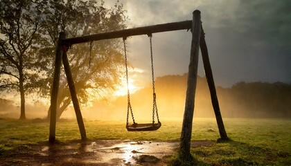 Forgotten Joy: Backlit Swing in Abandoned Playground at Rainy Sunrise"