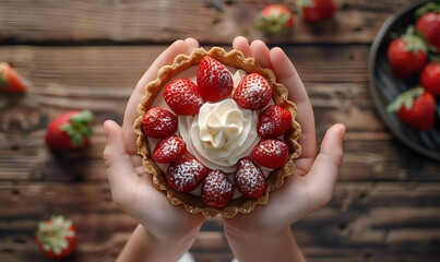 Creative food template. Child hand holding a round strawberry whipped cream curd fruit tart tartlet pastry dessert over rustic table background. copy text space.	 - obrazy, fototapety, plakaty