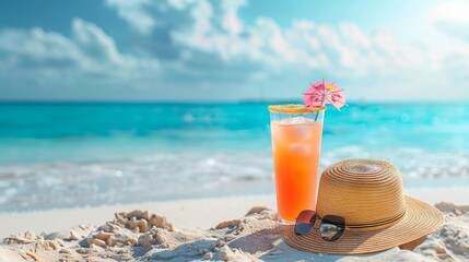Straw hat with a exotic cocktail and sunglasses on sand beach